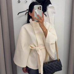 设计感立领收腰显瘦系带纯色呢子外套女2025跨境欧美风新款批发