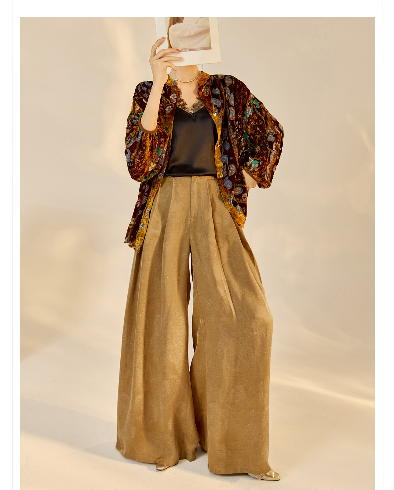 Quần ống rộng nữ phong cách Trung Hoa mới, chất rayon dệt vàng satin rủ — đen, Màu trắng nhạt, màu vàng chi tiết 14