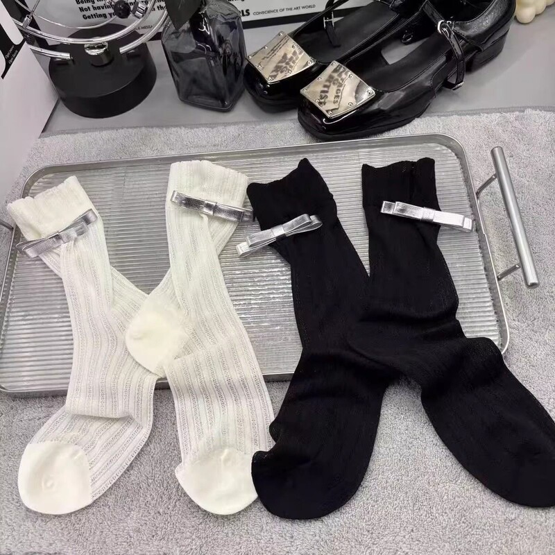 Thin Hollow Mesh Socks for Women, Mid-Calf Socks, Summer Leather Bow Decoration Socks, European Lolita Women's Socks Thin Hollow Mesh Socks for Women, Mid-Calf Socks, Summer Leather Bow Decoration Socks, European Lolita Women's Socks