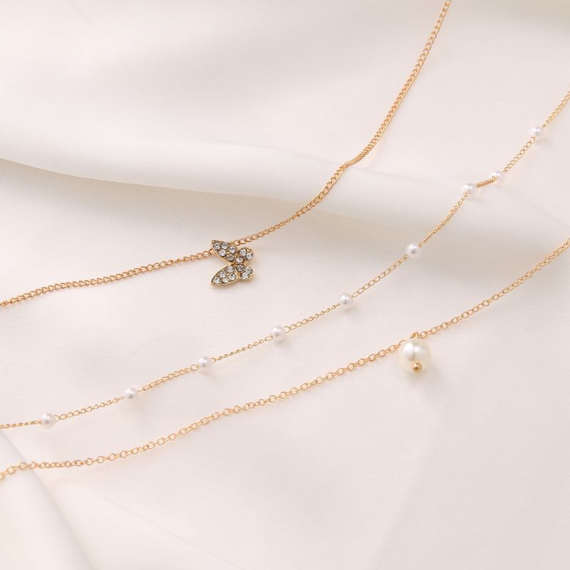 Imitation Pearl, Alloy Material Butterfly Pattern Elegant Streetwear Butterfly Rhinestones Imitation Pearl Alloy Wholesale Three Layer Necklace