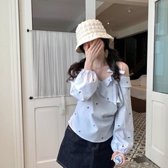 甜美印花花边露肩条纹蝴蝶结长袖衬衫T秋季新款甜美百搭宽松上衣