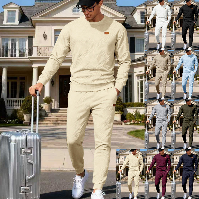 Cross-Border Amazon American Outdoor Leisure Sports Men's Simple Commuting Loose Texture Round Neck Sweatshirt Suit