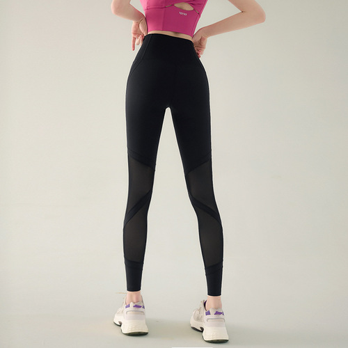 Cross-border sexy mesh yoga pants, high-waisted, hip-lifting, tight-fitting, slimming, spring and autumn thin outer wear sports trousers, trendy