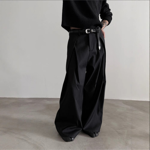 Dark Gothic Pleated Design Men's Versatile Trendy Leisure Wide Leg Pants with Drape Effect Floor-Length Long Pants