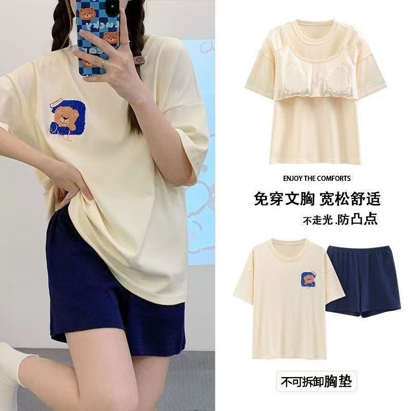 Pijama de mujer 2025 nuevo tamaño grande de verano con cojín de pecho de manga corta pantalones cortos impresos ropa casera delgada