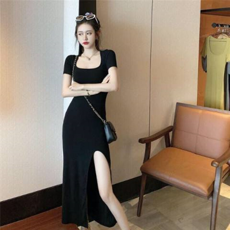 Korean Style New Summer Square Collar Split Sexy dress Mid-length Hip Skirt Tight Waist Slimming A- line Skirt Korean Style New Summer Square Collar Split Sexy dress Mid-length Hip Skirt Tight Waist Slimming A- line Skirt