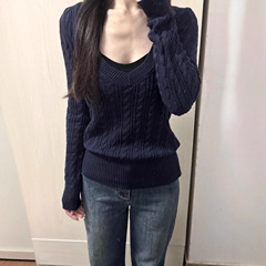 美式辣妹2025年秋季修身V领绞花针织衫女新款收腰内搭上衣针织衫
