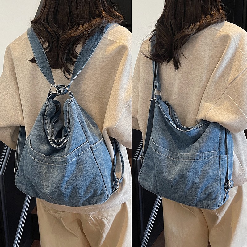 Ins 심플 데님 숄더 크로스 바디 백 여성용 대용량 복고풍 한국어 버전 틈새 캔버스 게으른 통근 가방