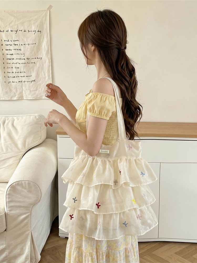 65236 Milky white organza cake layer tote bag with bow Korean style large capacity shoulder bag for women attending school and commuting