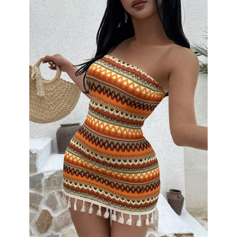 D 11894 comercio exterior transfronterizo tela de textura sexy sin cinturón de hombro vestido de costura de borda