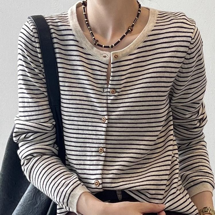 春秋新款条纹针织开衫外套女设计感小众上衣外搭薄款圆领长袖毛衣|undefined