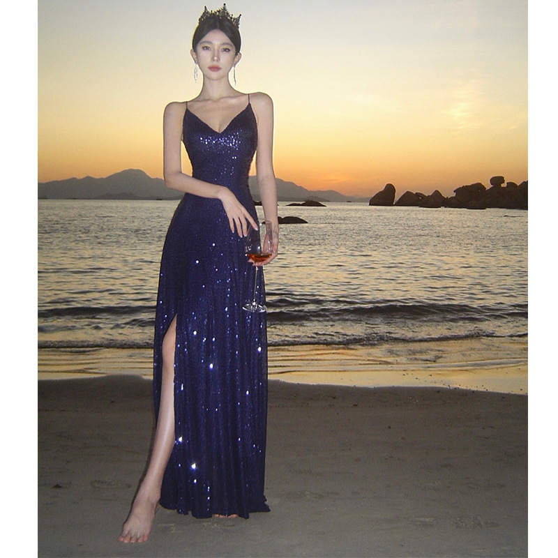 French-Style Sexy Sequined Floor-Length Evening Gown for Women, Ultra-Long Low-Neck Strap Dress, Birthday Party Dress