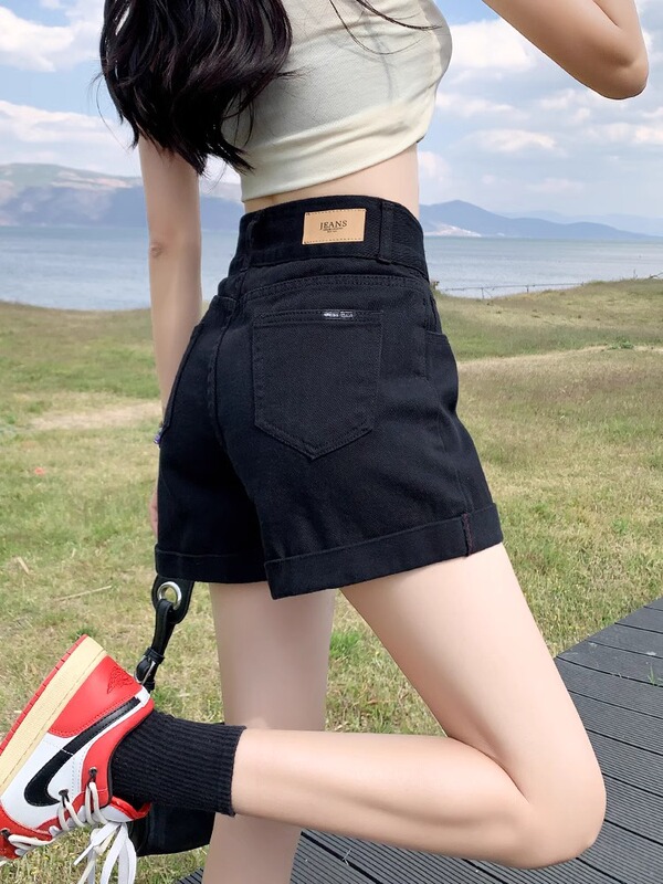 黒デニムショートパンツ女性の夏薄型多用途新大きいサイズルーズ痩身ハイウエストカールホットパンツ|undefined