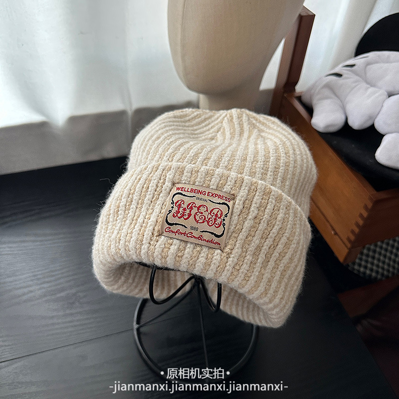 韩系ins风简约时尚百搭字母贴布毛绒帽休闲基础包头护耳保暖冷帽|undefined