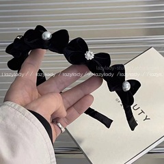 做工精緻！絲絨蝴蝶結珍珠鑲鑽優雅俏皮法式發箍可愛氣質頭箍髮飾
