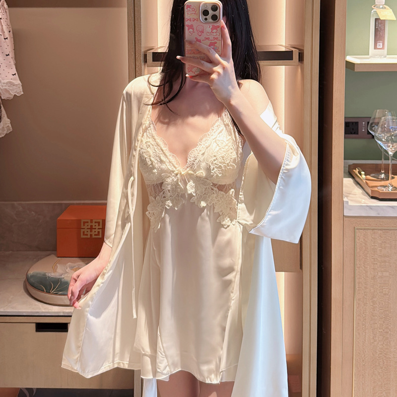Ice Silk Sexy Pajamas for Women Live Broadcast New Pure Lust Style Suspender Nightgown High-End Lace Nightgown Home Wear Set