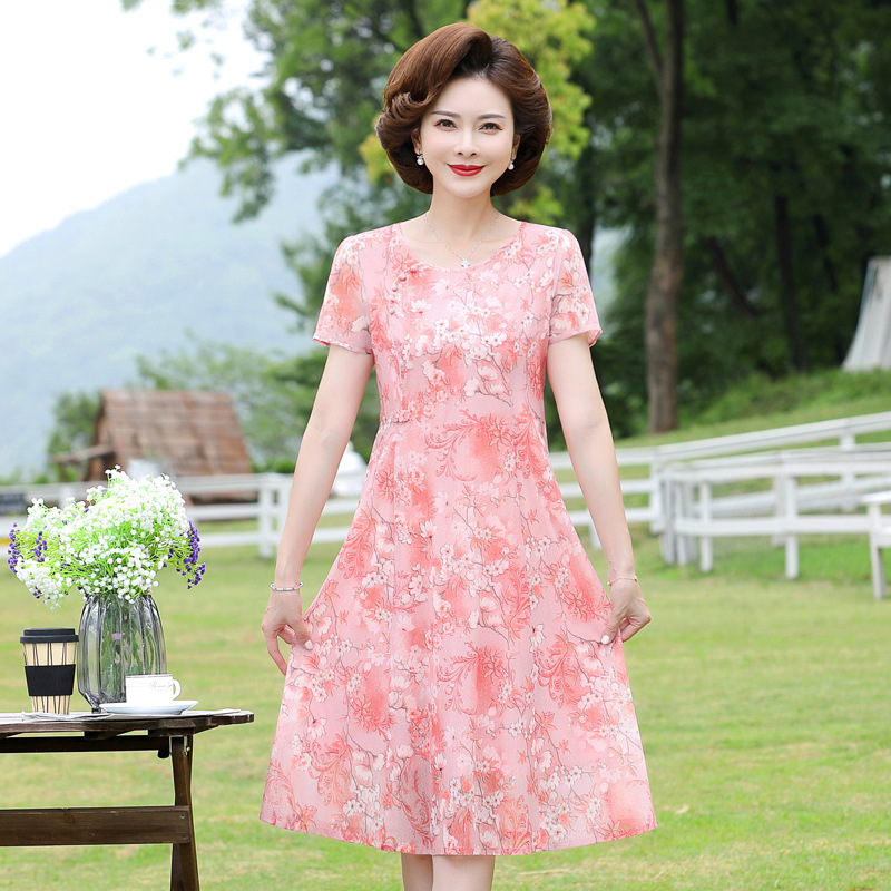 ママの夏ワンピース、中年女性、高貴な小柄な40代、50代、中高年シフォン半袖スカート|undefined
