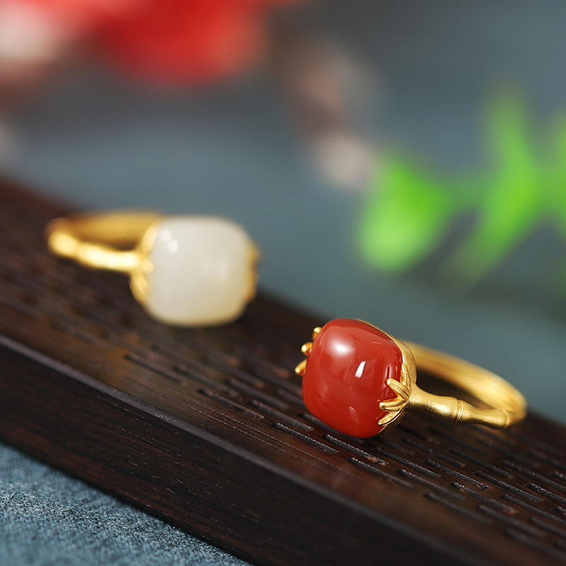 S925 Sterling Silver Gold Plated Hetian Jade Sapphire Retro Bamboo Ring