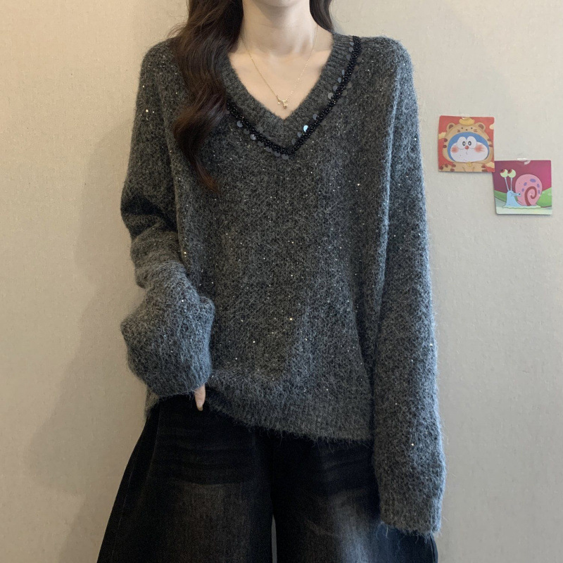 秋冬女装韩版V领针织衫毛衣宽松内搭套头长袖打底衫上衣灰色杏色