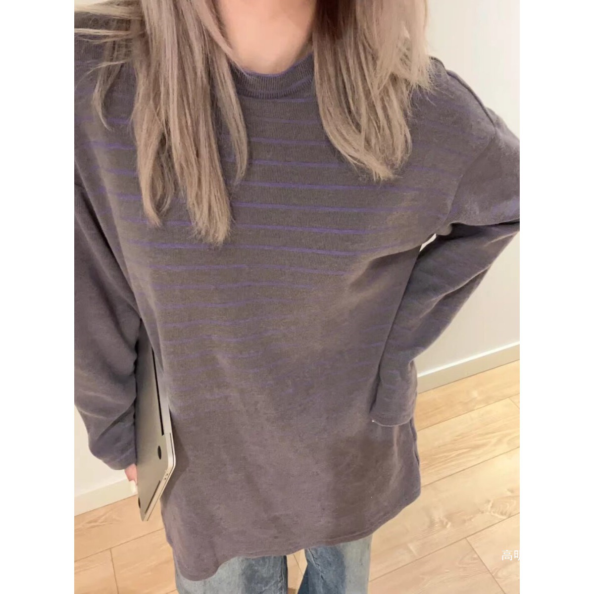 Early Autumn Women's Pure Cotton Long-Sleeve T-Shirt with Straight Shoulders, Korean Style, Purple Striped Round Neck Sweater, Slimming Loose Knit Top