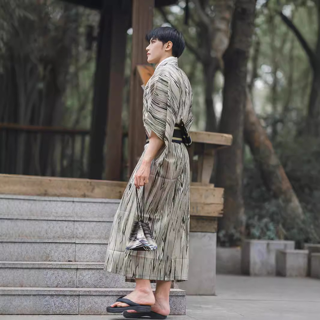 日本和服男传统武士绅士服正装日式和服不易皱材质四季木纹理