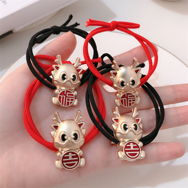 Año del Dragón Zodiaco de alta sensación metal rojo Año Nuevo anillo de cabello de alta altura cuerda elástica cuerda de cabello festiva adornos para el cabello