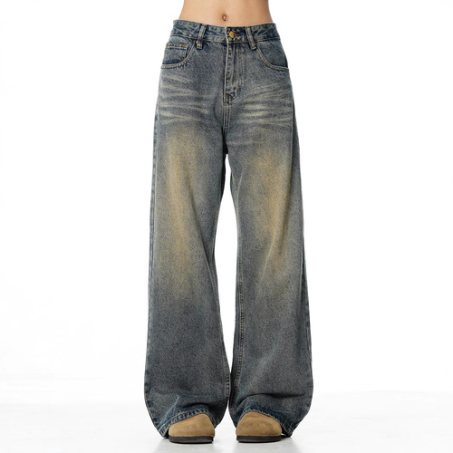Niche worn-out, vintage-style washed straight-leg men's autumn jeans, loose-fitting and versatile wide-leg floor-length trousers