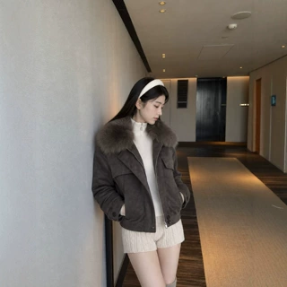 ADAM BO可拆卸毛领麂皮羽绒服防风御寒白鸭绒宽松通勤风外套派克