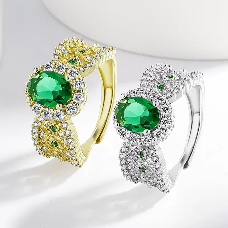 欧美潮流饰品祖母绿戒指女镂空花纹戒指气质大气日常百搭轻奢指环