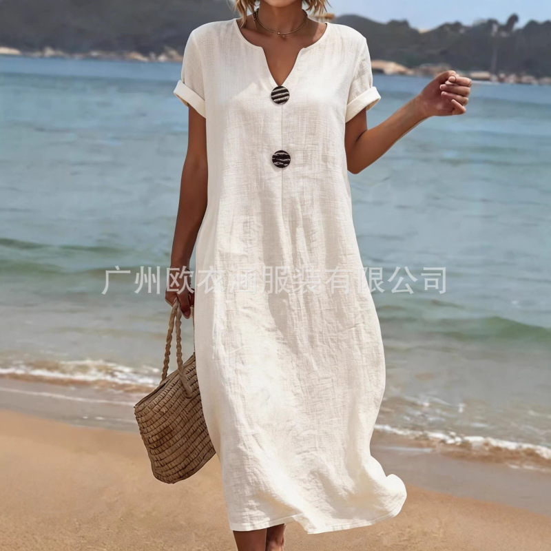 New 2026 Summer Independent Brand European and American Style White Women's Casual Solid Color Cotton and Linen Dress