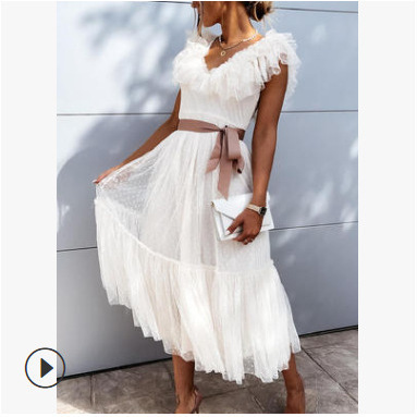 2024 Cross-Border European and American Independent Store Solid Color V-Neck Spliced Mesh Pleated Belt Short-Sleeve Dress 2024 Cross-Border European and American Independent Store Solid Color V-Neck Spliced Mesh Pleated Belt Short-Sleeve Dress