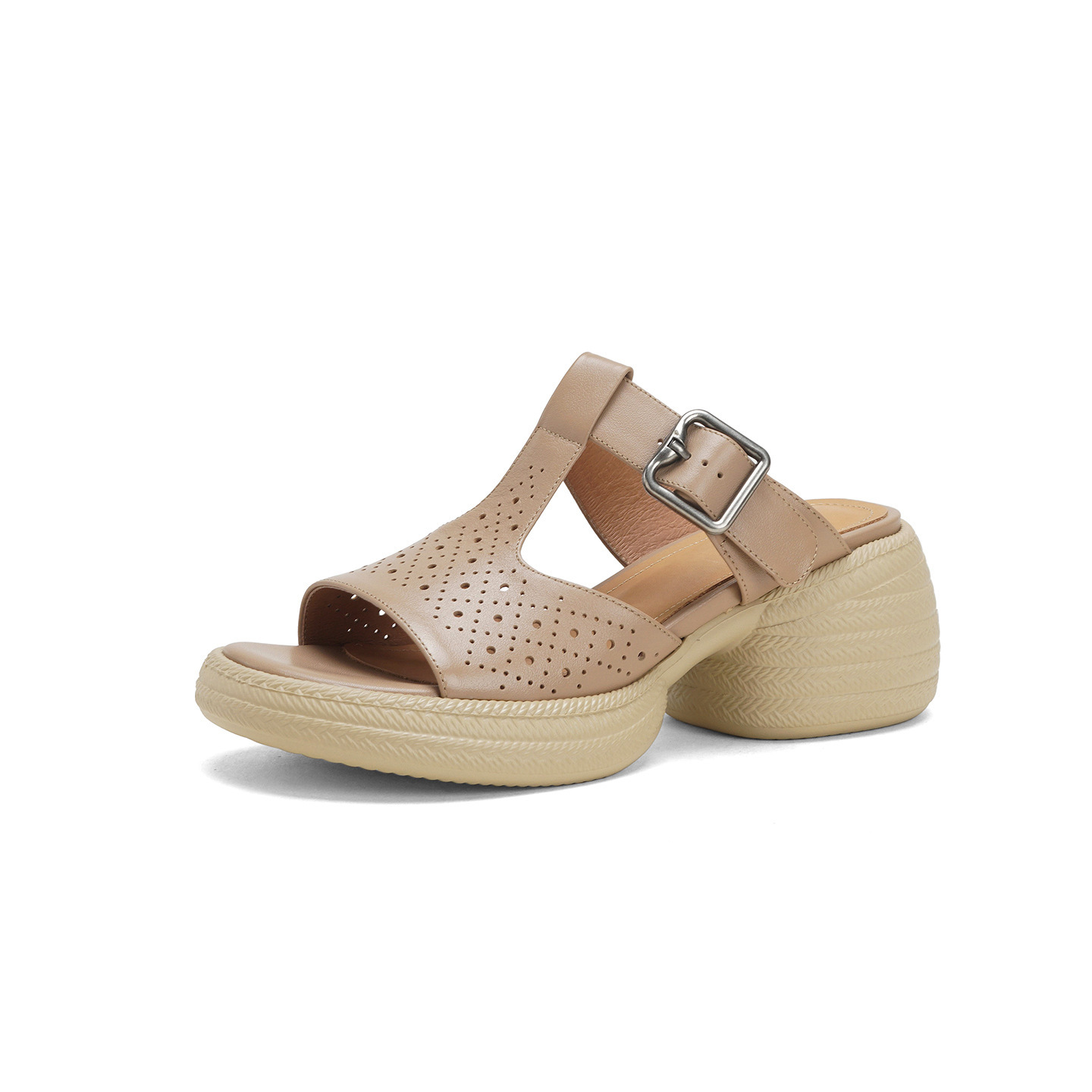 Sandal nữ da bò cao gót quai chữ T đế dày — đen