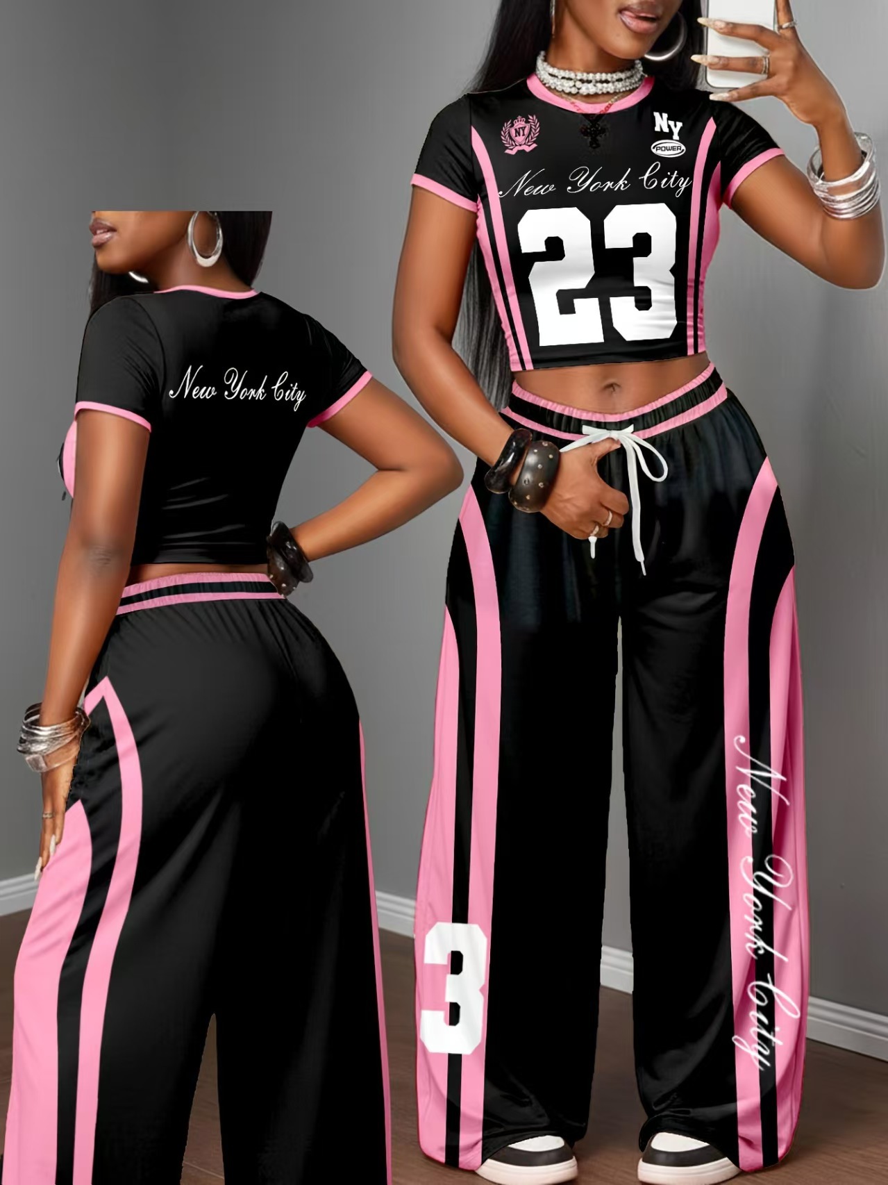 Completo due pezzi donna crop top stampato e pantaloni ampi_voghion.com