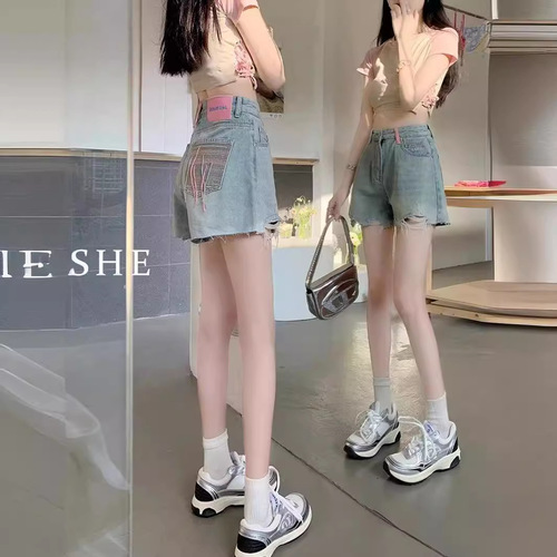 High-waisted denim shorts for women, summer thin model, frayed edge, niche design, trendy and spicy A-line wide-leg hot pants