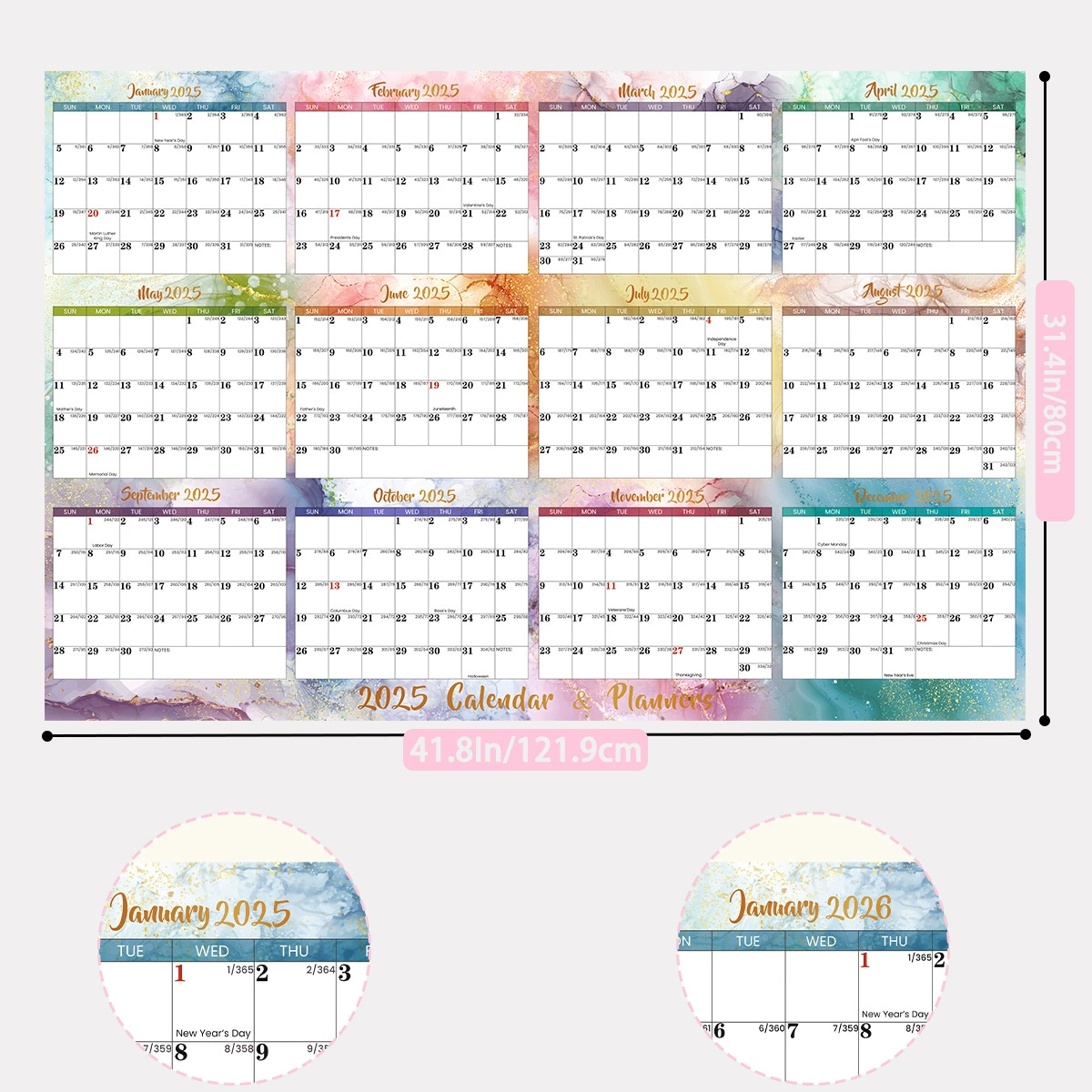Double-sided erasable wall calendar, 2025 years, 12 month, English
