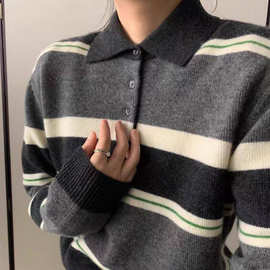 撞色条纹POLO领100%纯羊毛针织衫女秋冬套头毛衣学院风上衣打底衫