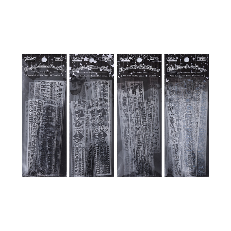 Texto oscuro tinta transparente pegatinas impermeables pet diy pegatinas de diario pegatinas en blanco y negro elementos pegatinas de letras inglesas