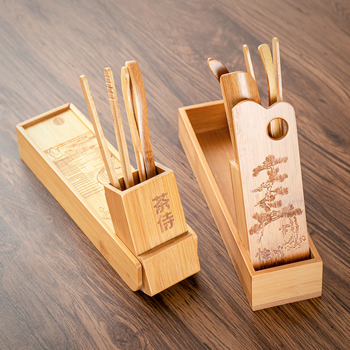 Tea Ceremony Accessories Organizer, Foldable Six Gentlemen Tea Set Tools: Tea Needle & Tea Tongs, Bamboo Tea Attendant Five Gentlemen Set