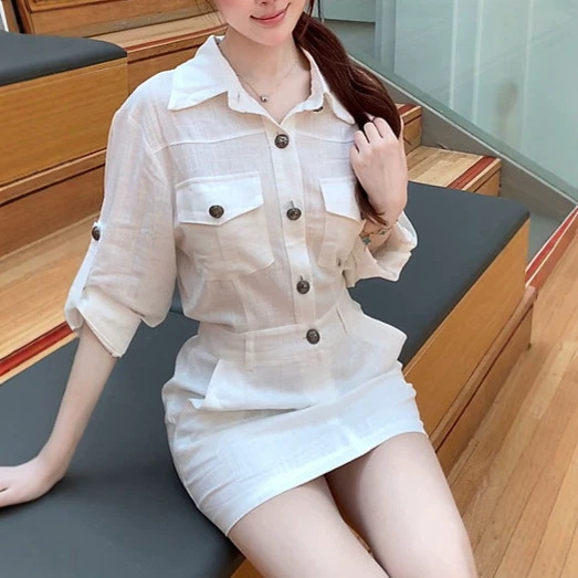 M90 Shirt Dress 2026 Summer New Style Workwear Style with Pocket Design, Slimming and Elegant Short Dress for Petite Figures