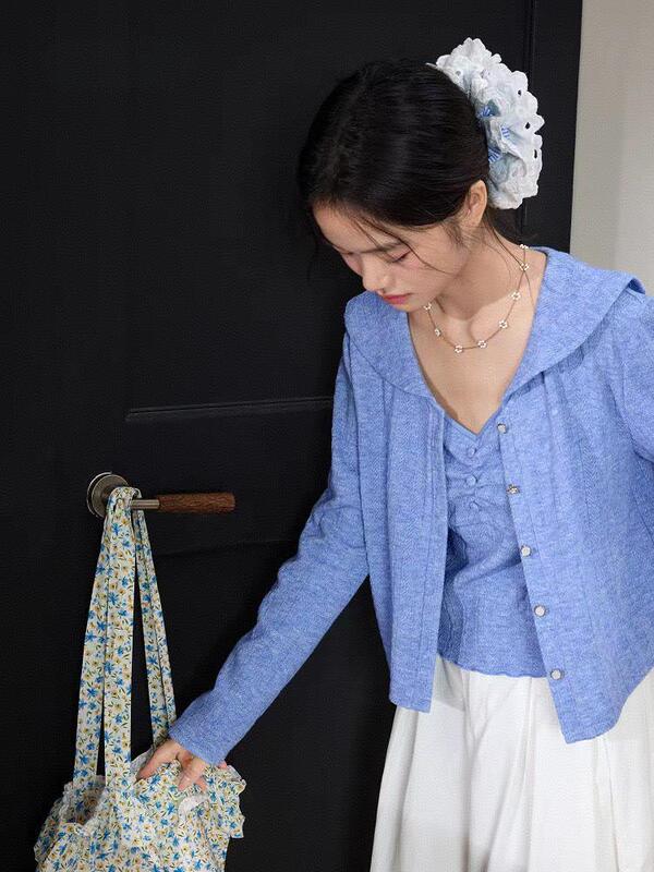 蓝色海军领针织衫开衫背心吊带两件套装25秋季穿搭新款女上衣|undefined