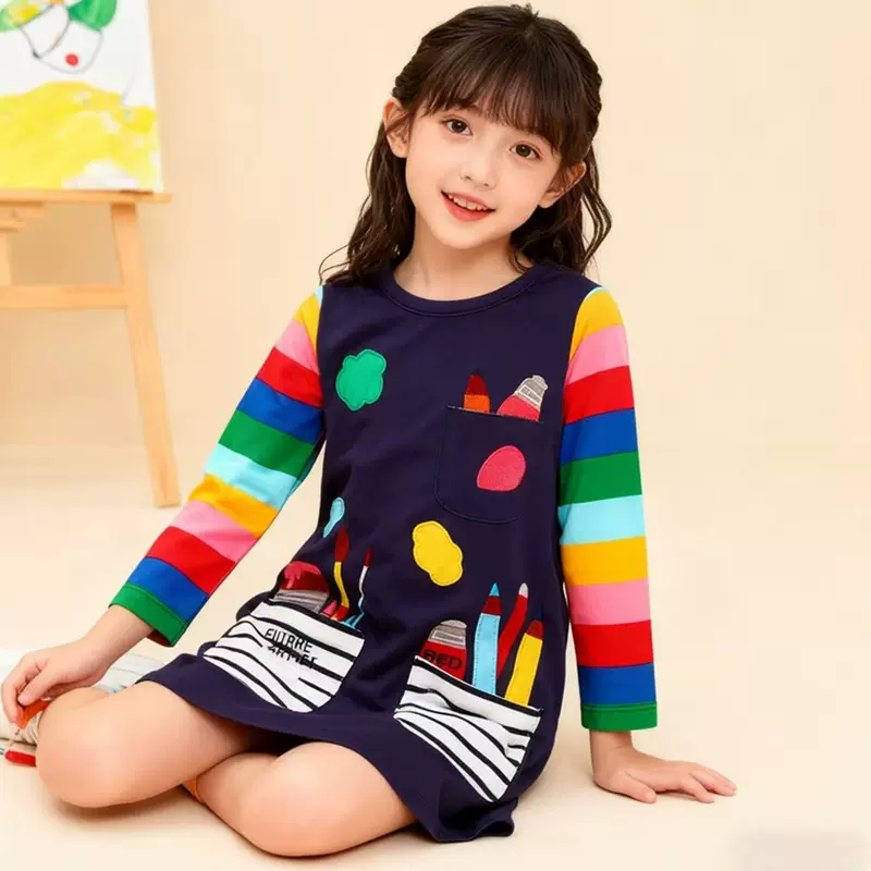 女童秋款连衣裙分销代发 女童短袖棉连衣裙A字裙绣花口袋童连衣裙