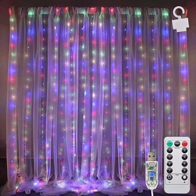 Curtain string lights, 300 LED 8 lighting modes fairy copper lights with remote control, USB power supply-