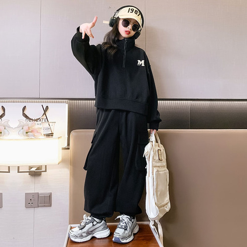 Girls overalls suit spring 2024 new style girls casual cotton sweatshirt loose children's two-piece set