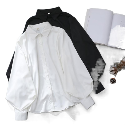 Temperament professional white lapel shirt for women's spring lantern sleeves all-match commuting design Western-style shirt