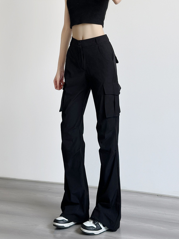 Micro-Flared Cargo Pants for Women, Summer 2025 New Narrow Version, Black Petite Parachute Quick-Dry Sports Pants