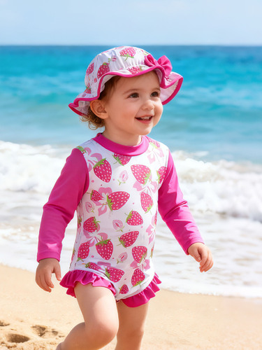 Cross-border baby girl children long-sleeved snap-on swimsuit one-piece with same series sunshade hat seaside vacation long-sleeved swimsuit women