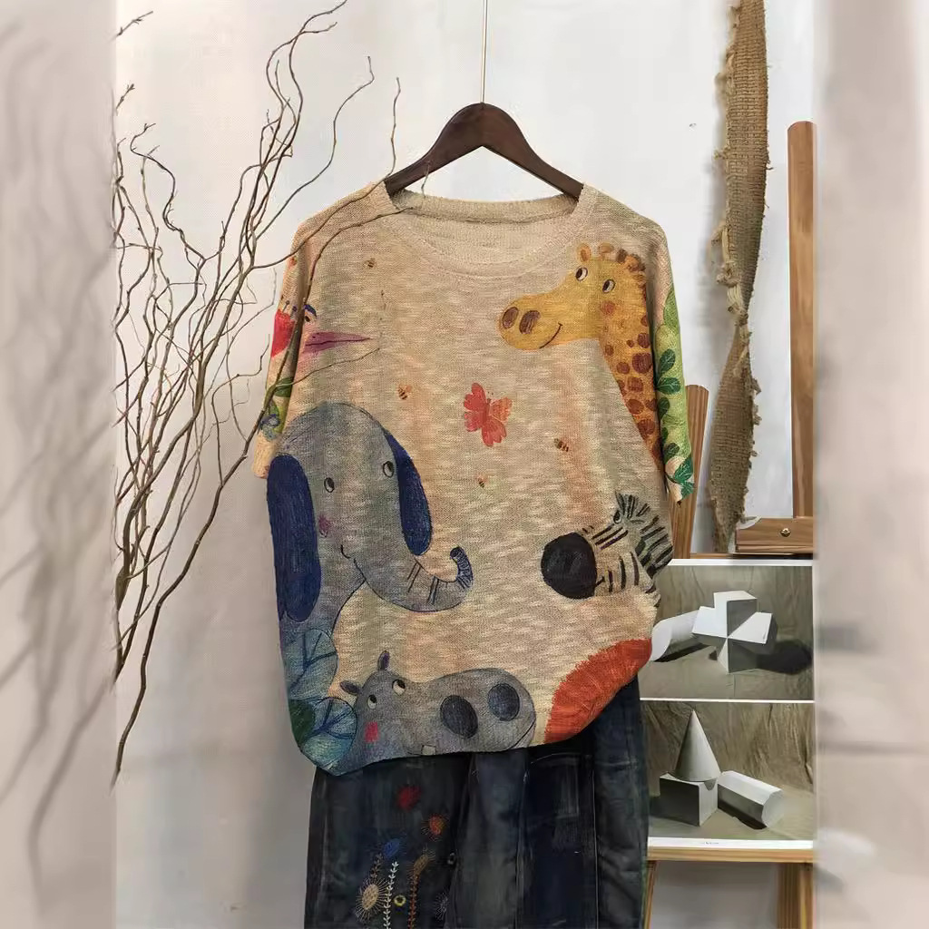 2025 Summer New Original Printed Knitwear Casual Large Size Loose Elephant Peach Blossom Hemp Thin Women's Short Sleeves