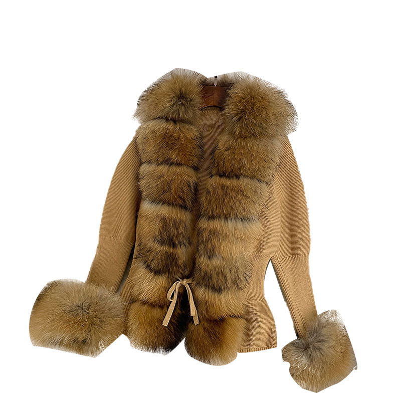 Women's Clothing popular women's knitted sweater with detachable real fox fur collar and cuffs fur cardigan knitted sweater fur coat for women_voghion.com