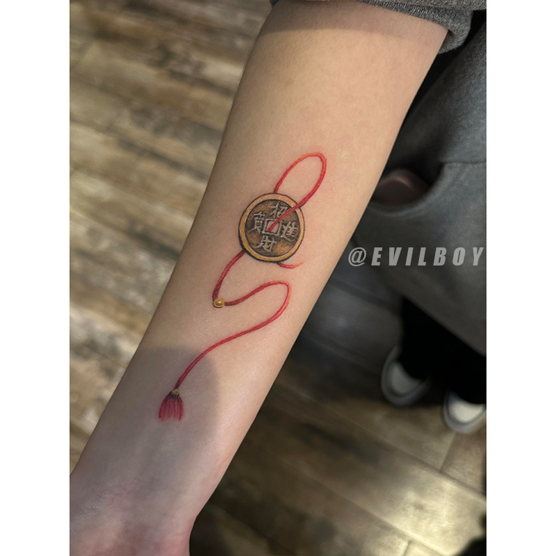 New Year Red String Fortune-Bringing Copper Coin Colorful Tattoo Stickers, Chinese Style, Personalized for Men and Women, Washable, Natural Realistic Design New Year Red String Fortune-Bringing Copper Coin Colorful Tattoo Stickers, Chinese Style, Personalized for Men and Women, Washable, Natural Realistic Design