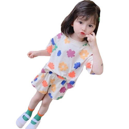 Summer thin short-sleeved children's suit home clothes boys and girls air-conditioned clothes printed casual sports pants suit
